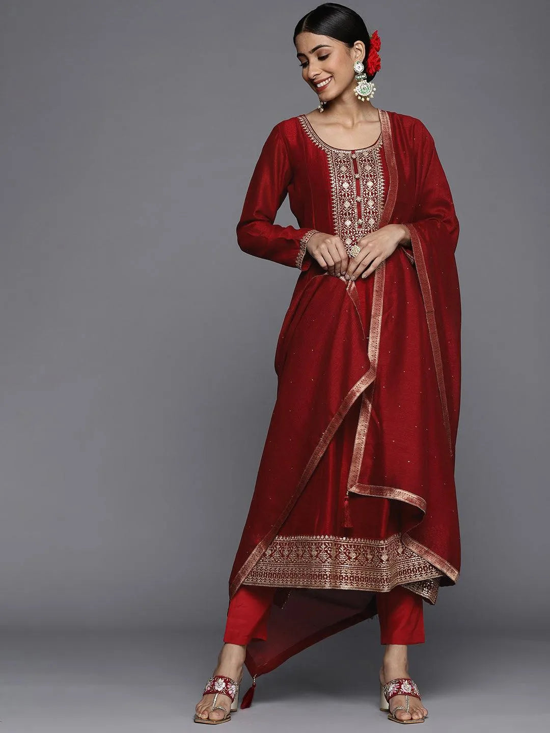 Maroon Yoke Design Silk Blend Anarkali Suit Set - Libas