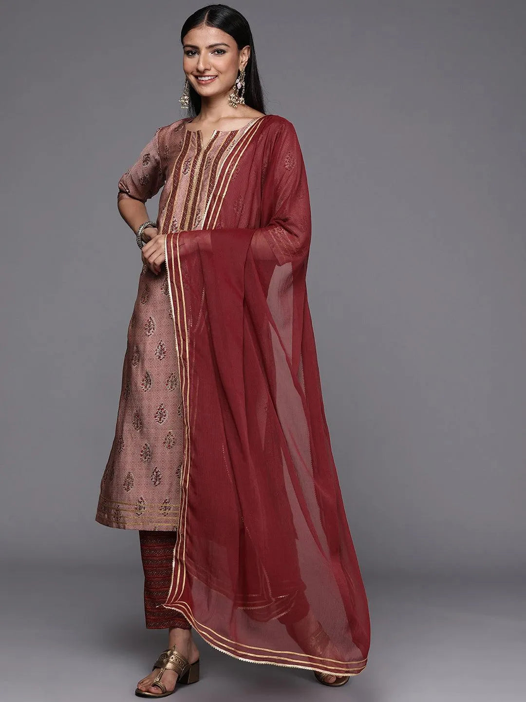 Maroon Yoke Design Silk Blend Straight Suit Set - Libas 