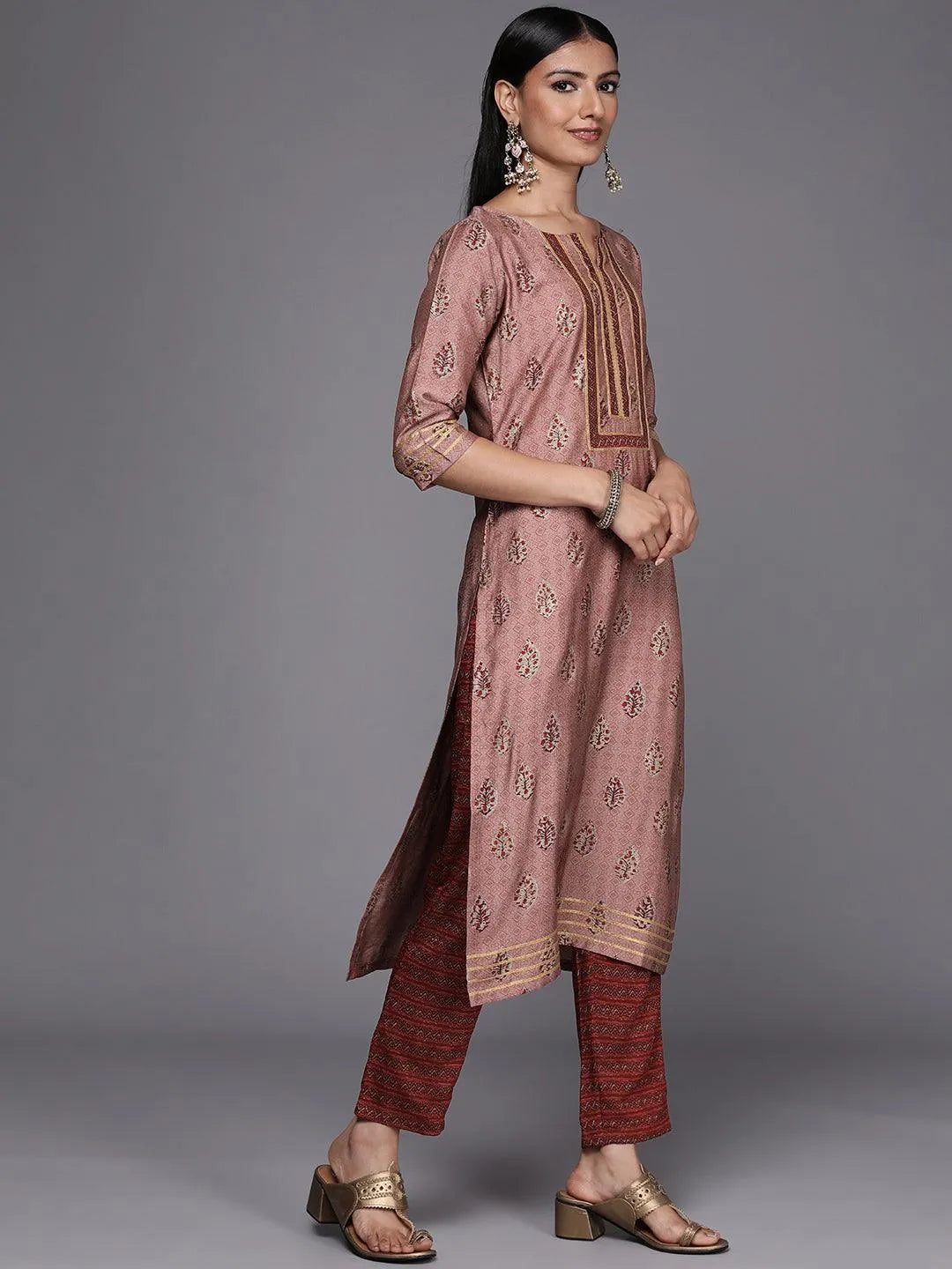 Maroon Yoke Design Silk Blend Straight Suit Set - Libas 