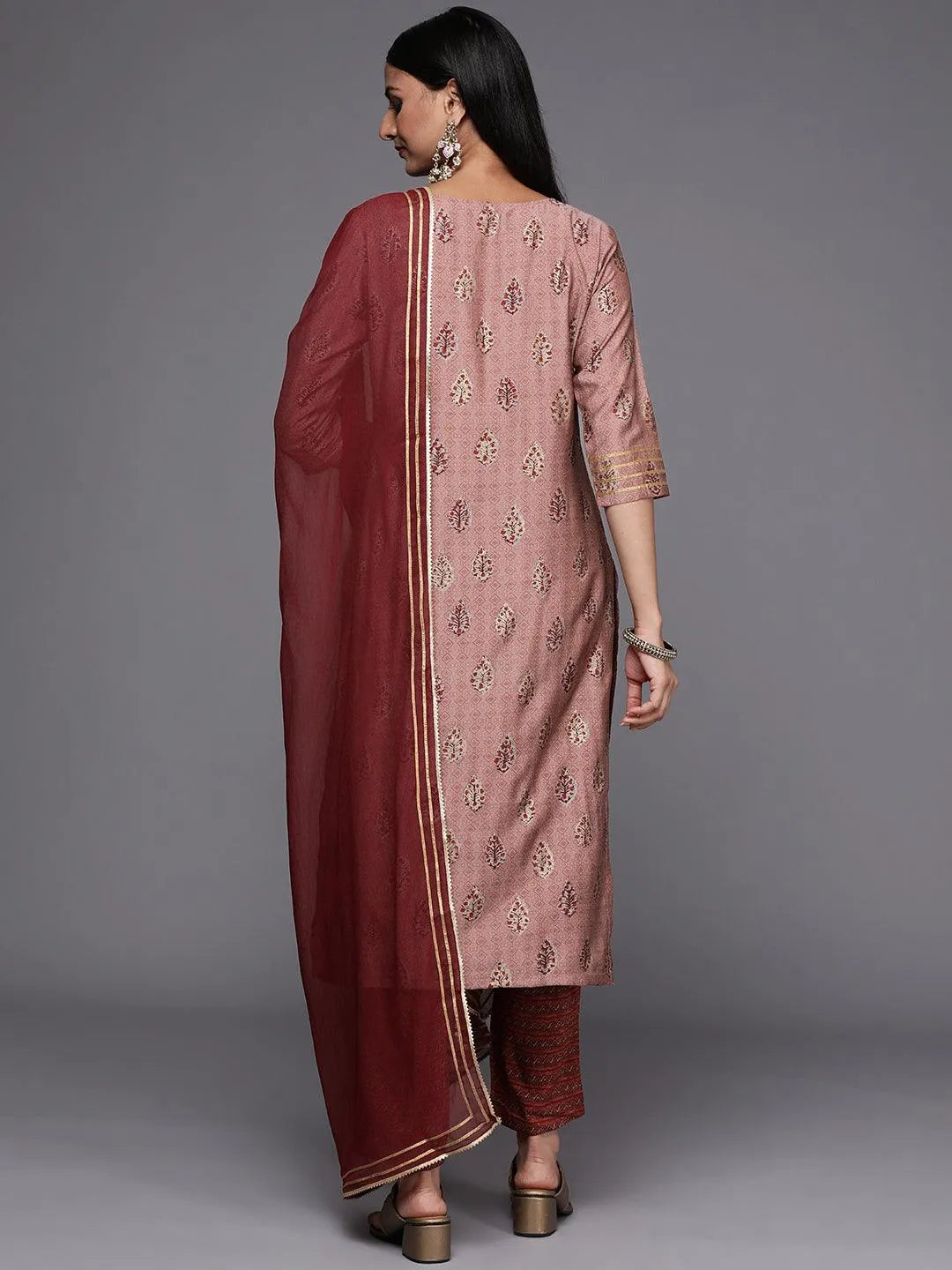 Maroon Yoke Design Silk Blend Straight Suit Set - Libas 