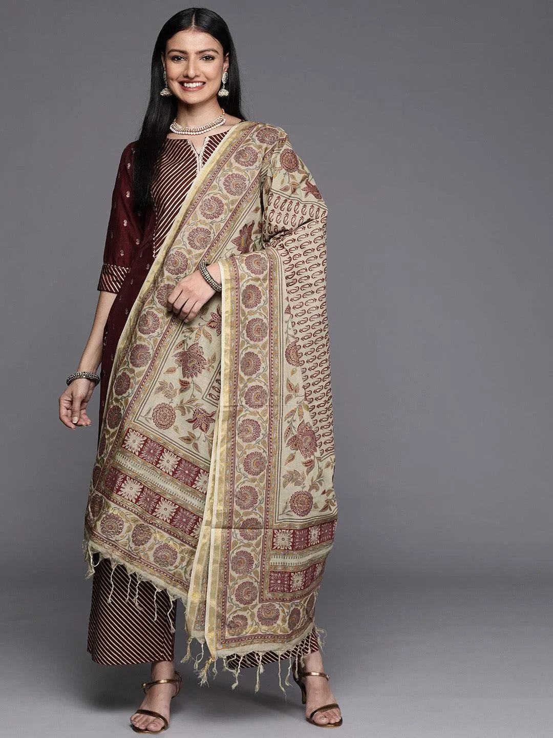 Maroon Yoke Design Silk Blend Straight Suit Set - Libas