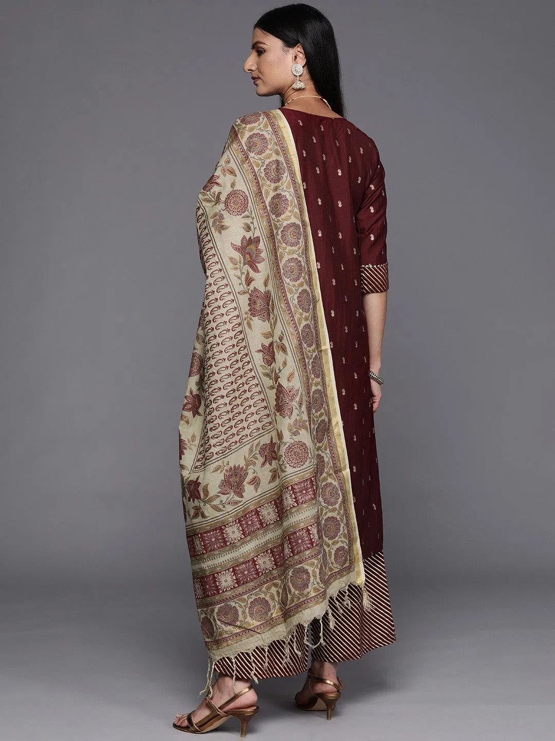 Maroon Yoke Design Silk Blend Straight Suit Set - Libas