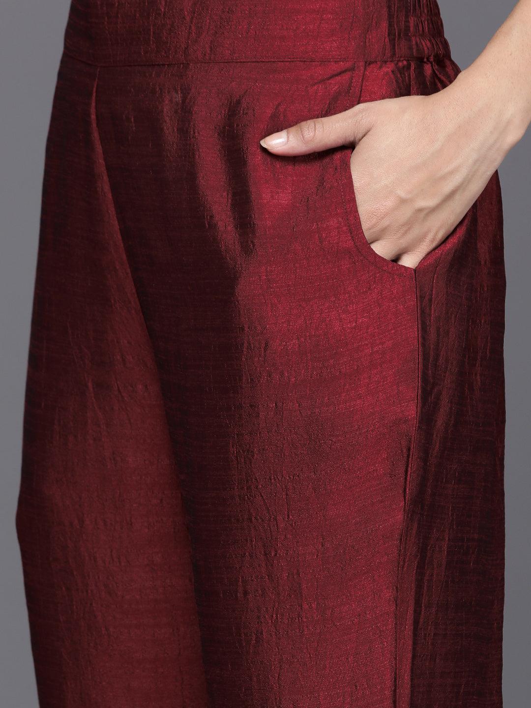 Maroon Yoke Design Silk Blend Straight Kurta With Trousers & Dupatta
