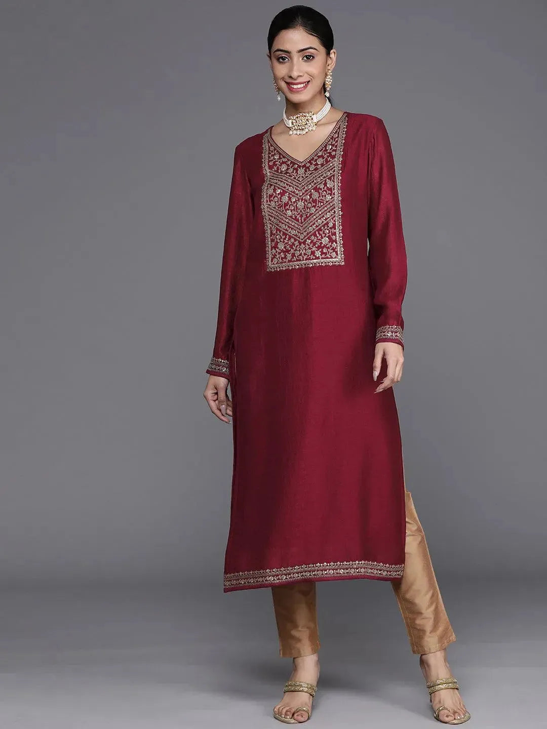 

Buy Maroon Yoke Design Silk Kurta - 23485O-XS | Libas Ethnic Wear Online