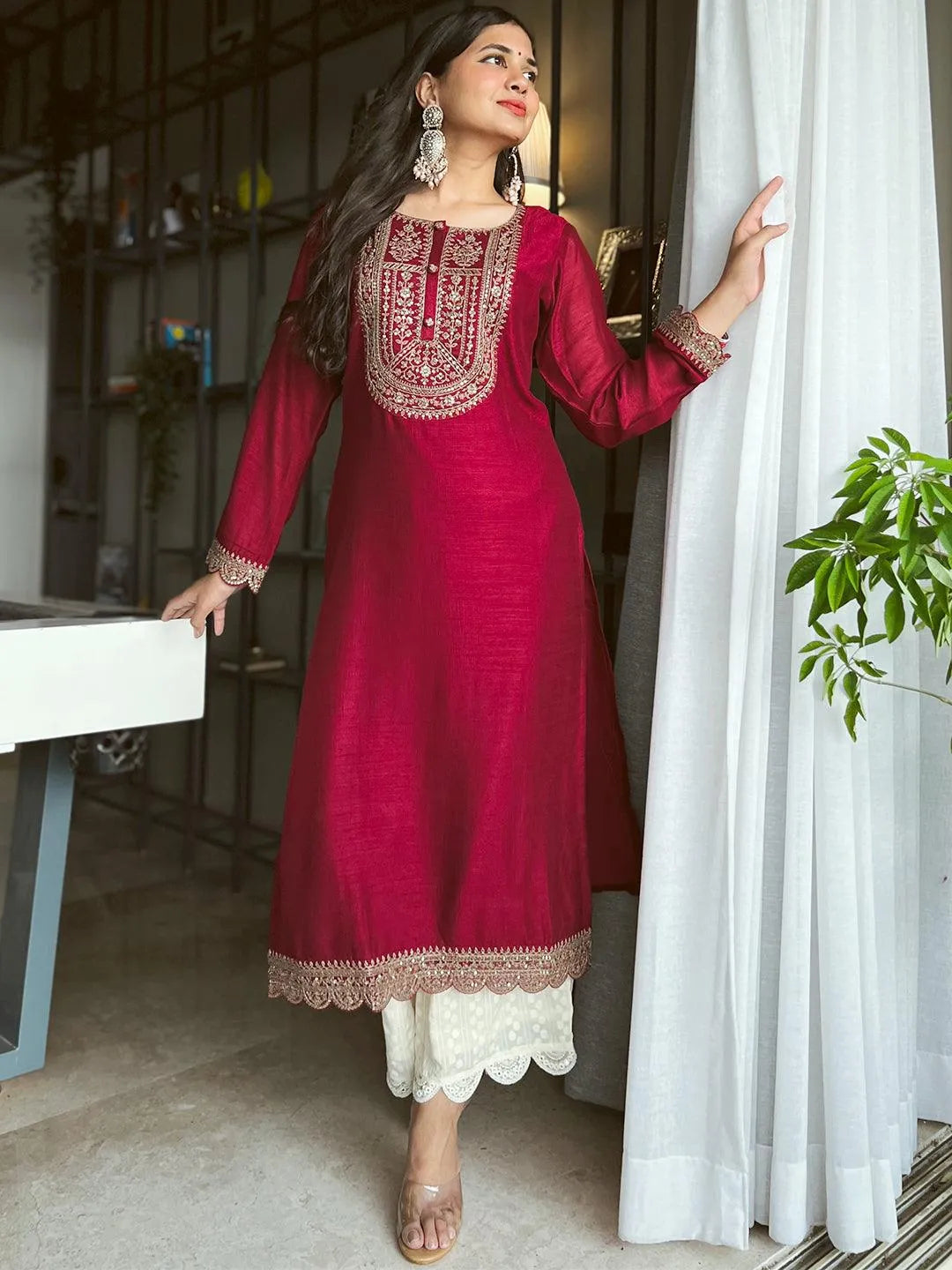 Maroon Yoke Design Silk Kurta - Libas 