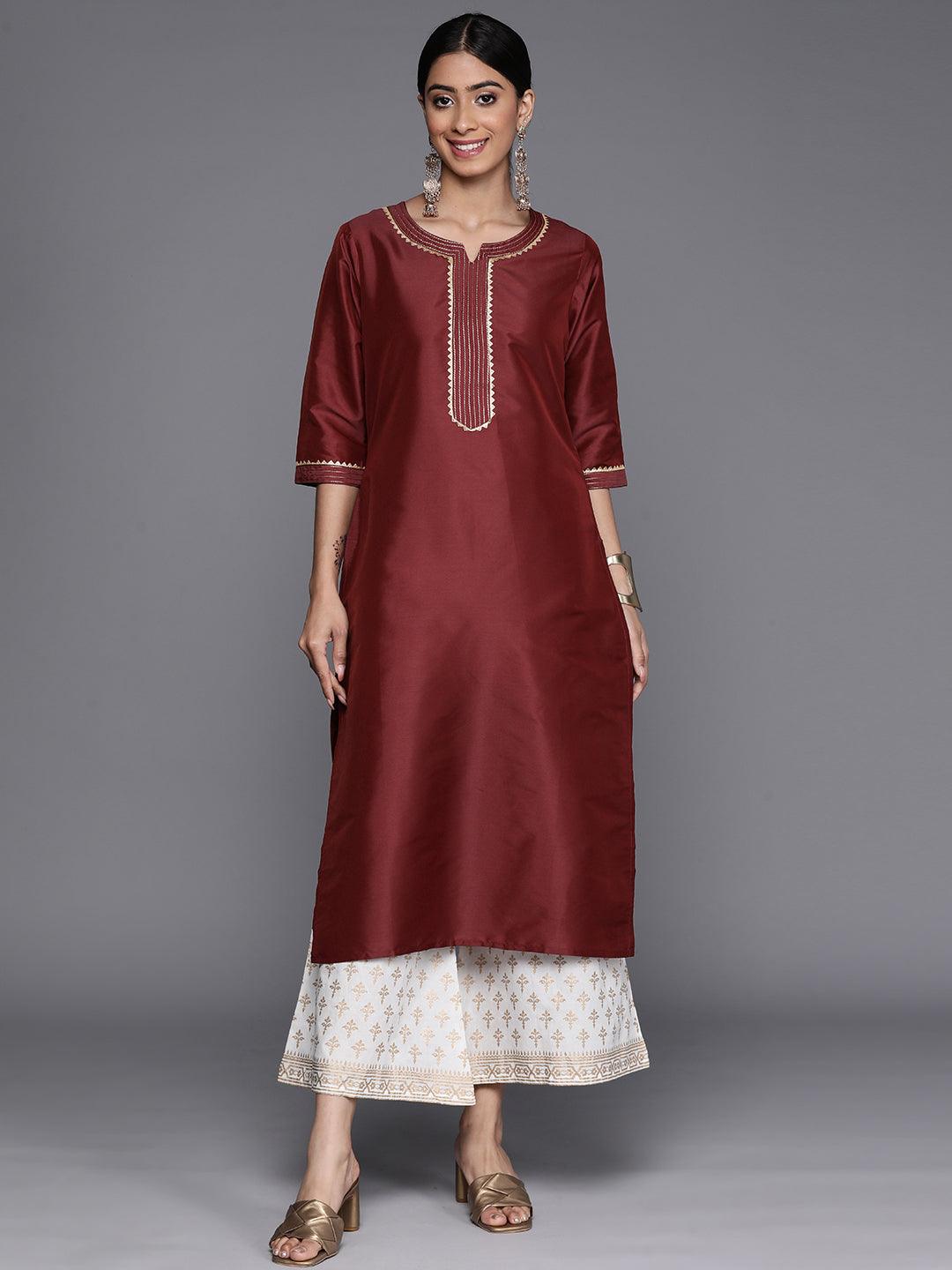 Maroon Yoke Design Silk Straight Kurta - Libas