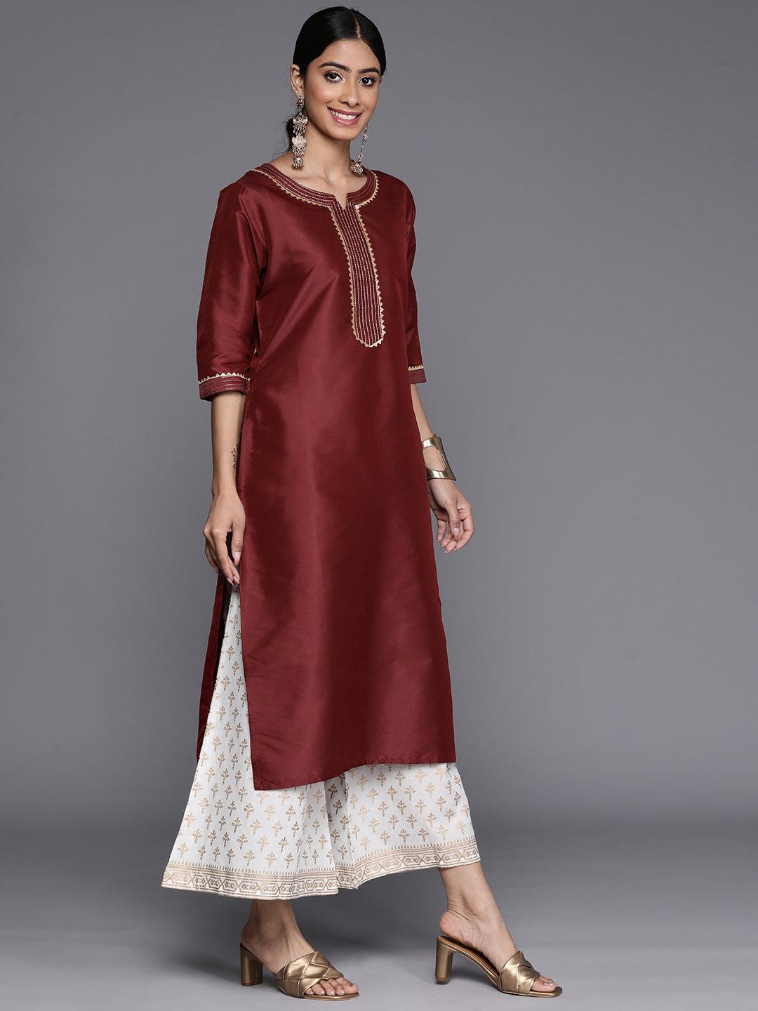 Maroon Yoke Design Silk Straight Kurta - Libas