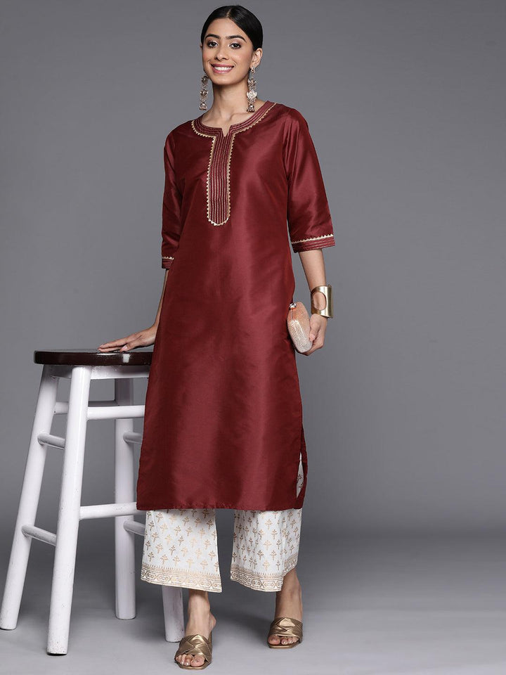 Maroon Yoke Design Silk Straight Kurta - Libas