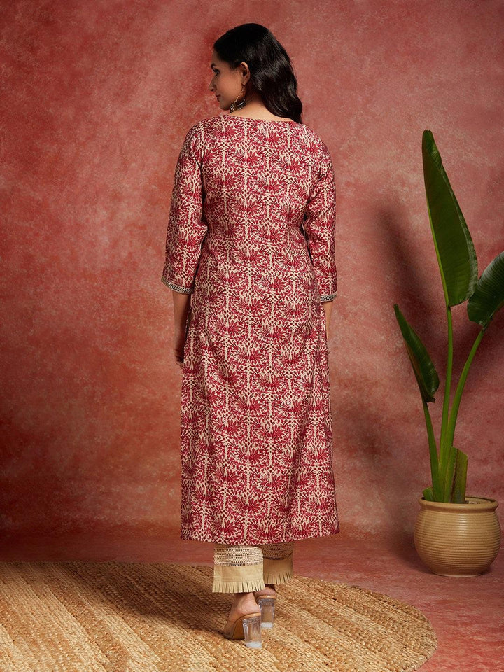 Maroon Yoke Design Silk Straight Kurta - Libas