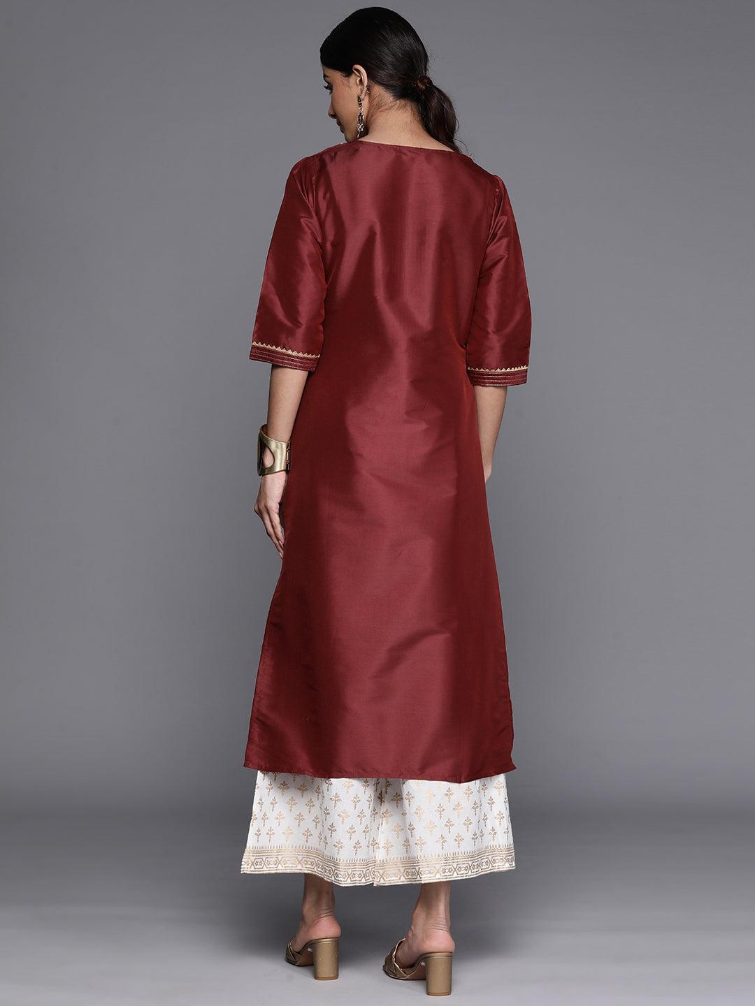 Maroon Yoke Design Silk Straight Kurta - Libas