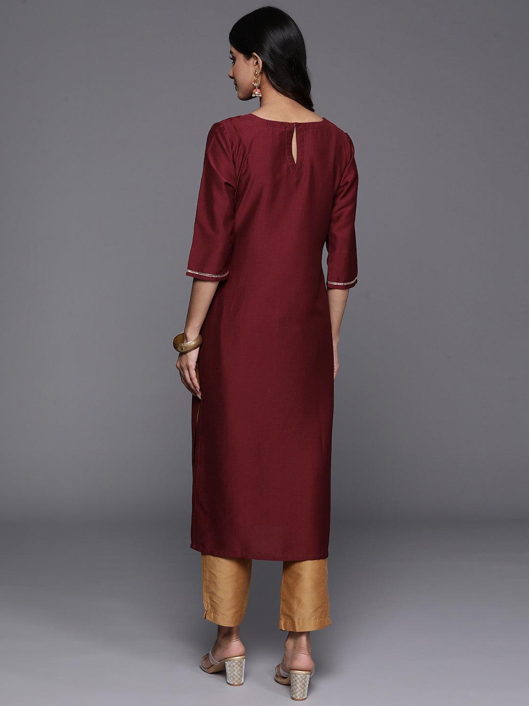 Maroon Yoke Design Silk Straight Kurta - Libas