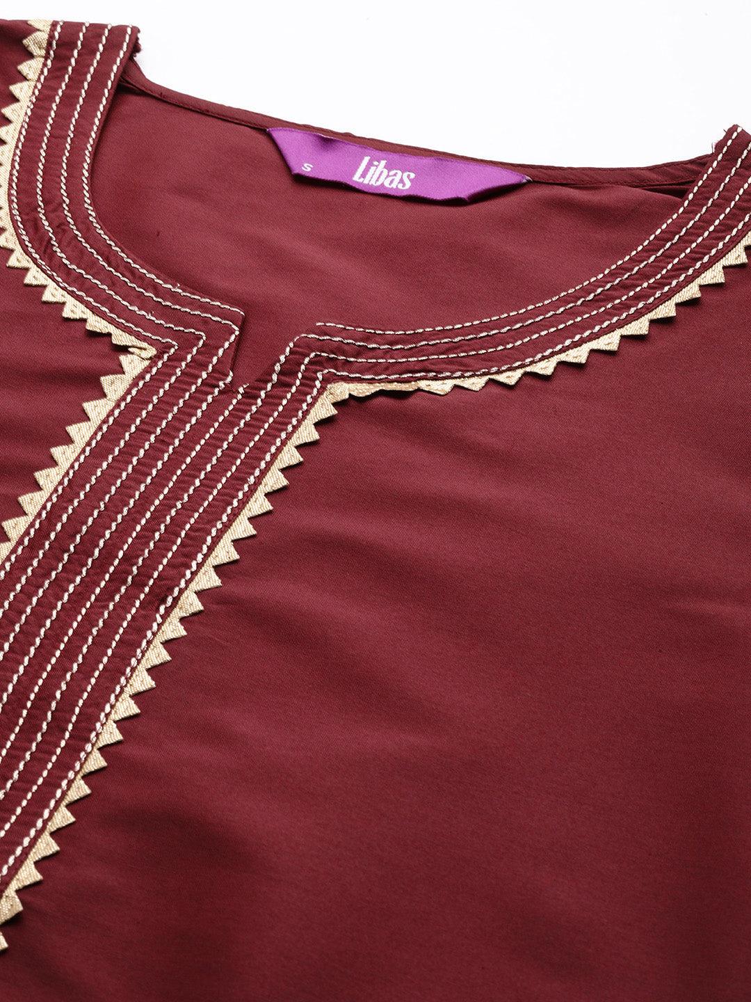 Maroon Yoke Design Silk Straight Kurta - Libas