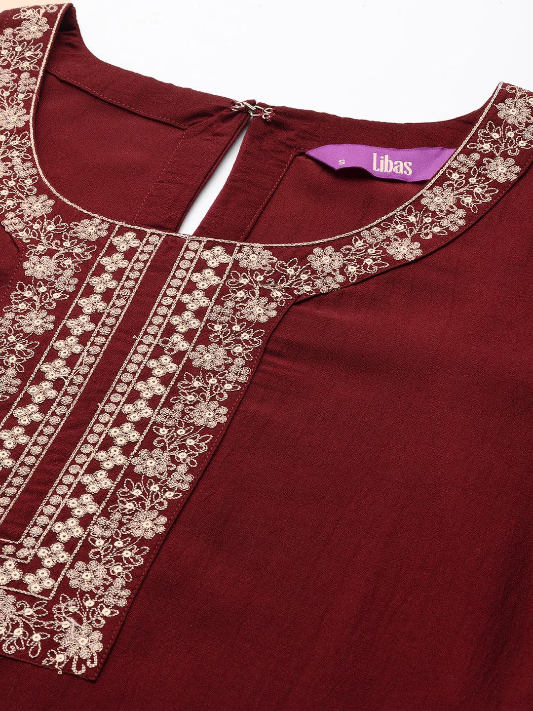 Maroon Yoke Design Silk Straight Kurta - Libas