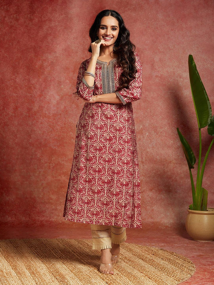 Maroon Yoke Design Silk Straight Kurta - Libas