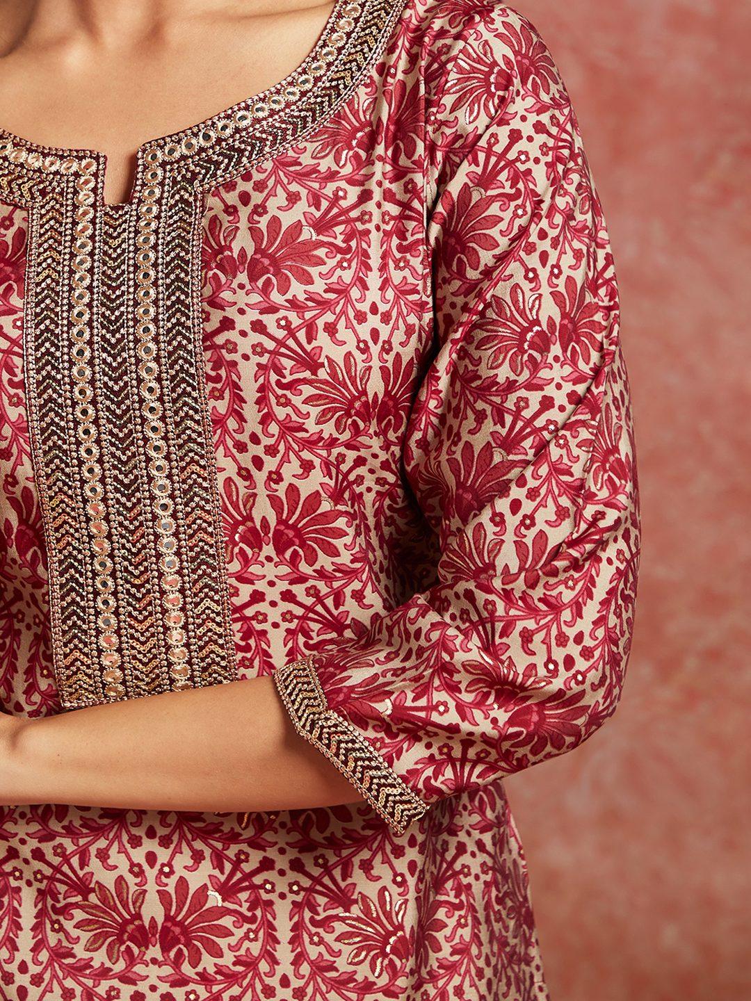 Maroon Yoke Design Silk Straight Kurta - Libas