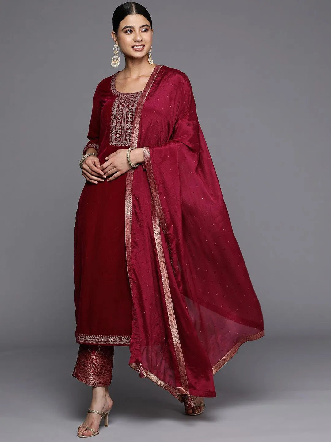 Maroon Yoke Design Velvet Straight Suit Set - Libas 