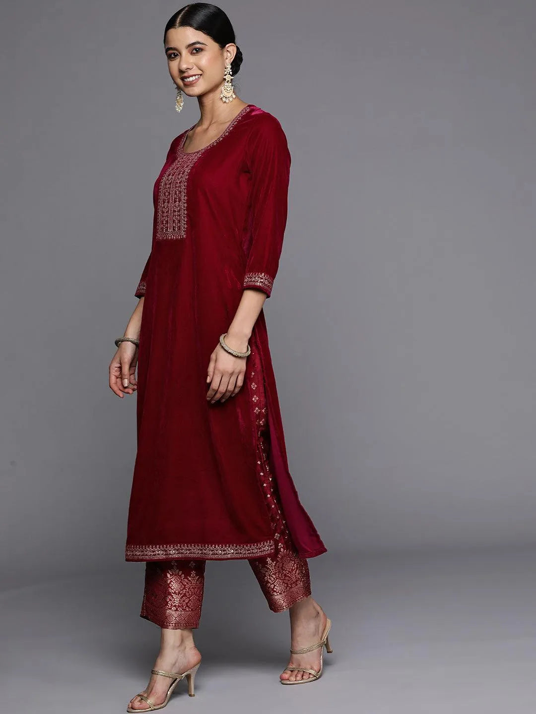 Maroon Yoke Design Velvet Straight Suit Set - Libas 