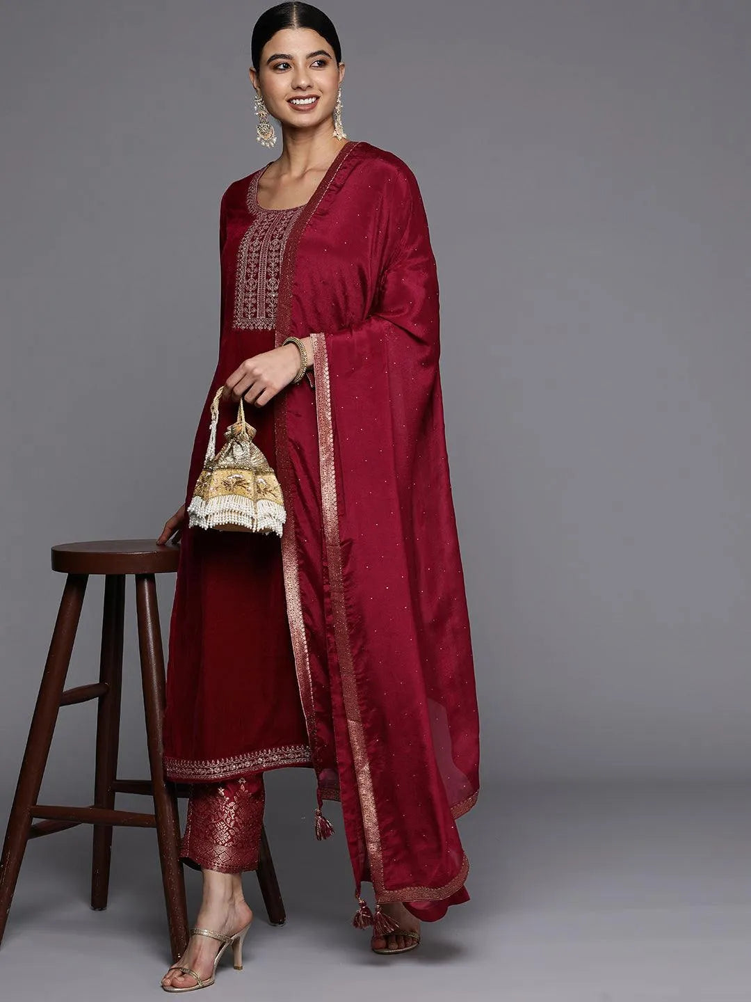 Maroon Yoke Design Velvet Straight Suit Set - Libas 