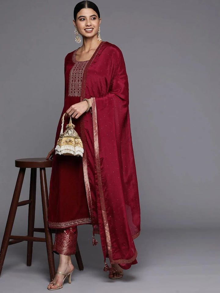 Maroon Yoke Design Velvet Straight Suit Set - Libas