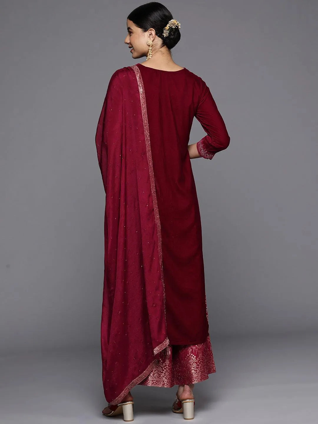 Maroon Yoke Design Velvet Straight Suit Set - Libas