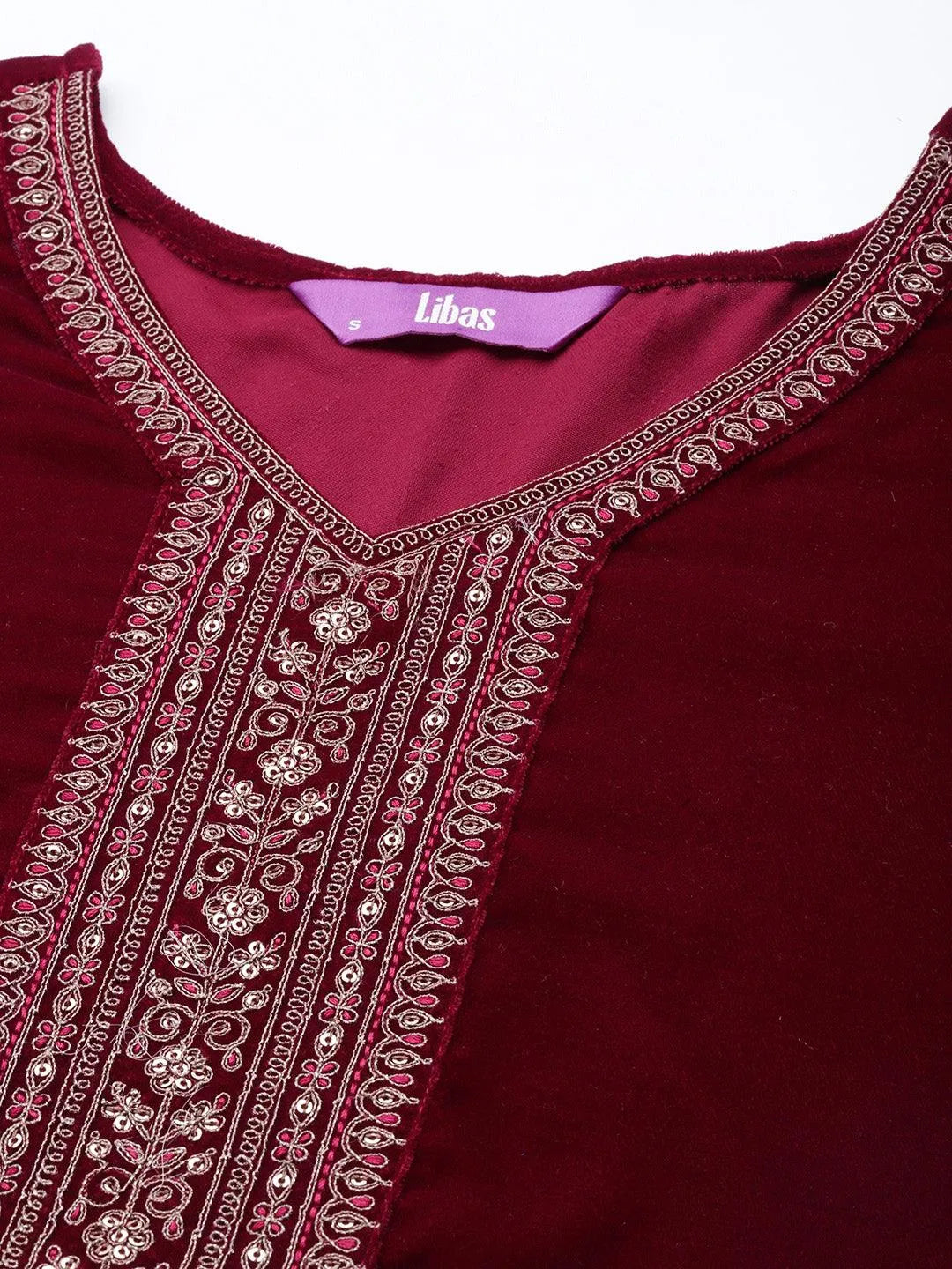 Maroon Yoke Design Velvet Straight Suit Set - Libas