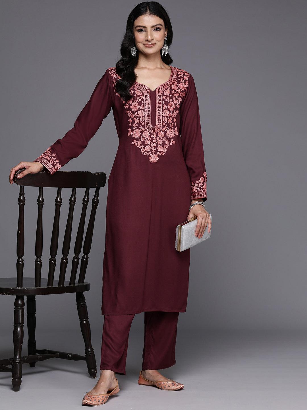 Maroon Yoke Design Wool Blend Straight Kurta With Palazzos - Libas