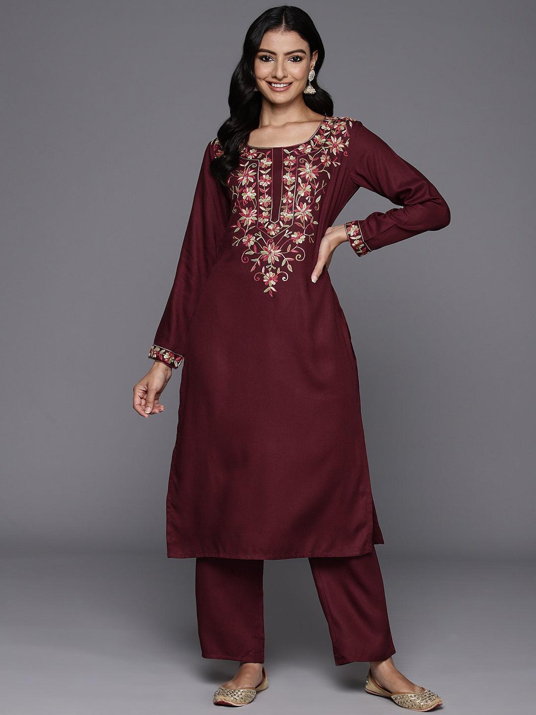 Maroon Yoke Design Wool Blend Straight Kurta With Palazzos - Libas