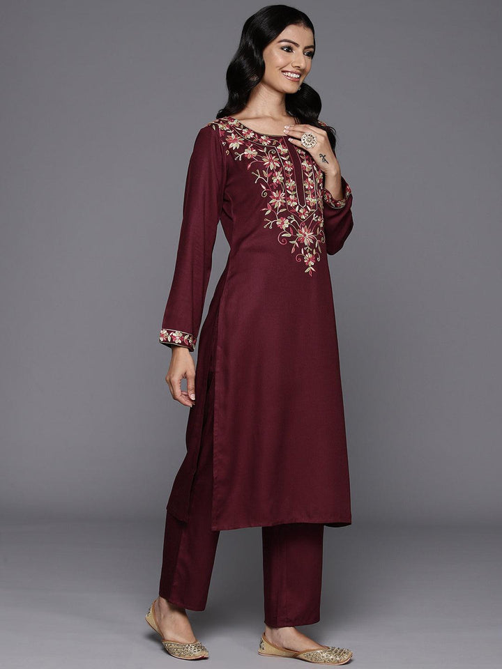 Maroon Yoke Design Wool Blend Straight Kurta With Palazzos - Libas