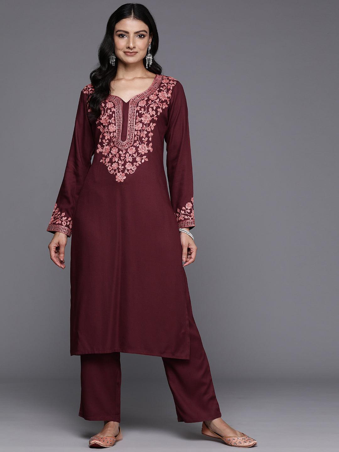 Maroon Yoke Design Wool Blend Straight Kurta With Palazzos - Libas