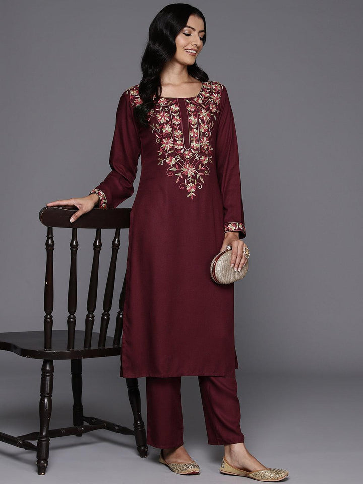 Maroon Yoke Design Wool Blend Straight Kurta With Palazzos - Libas