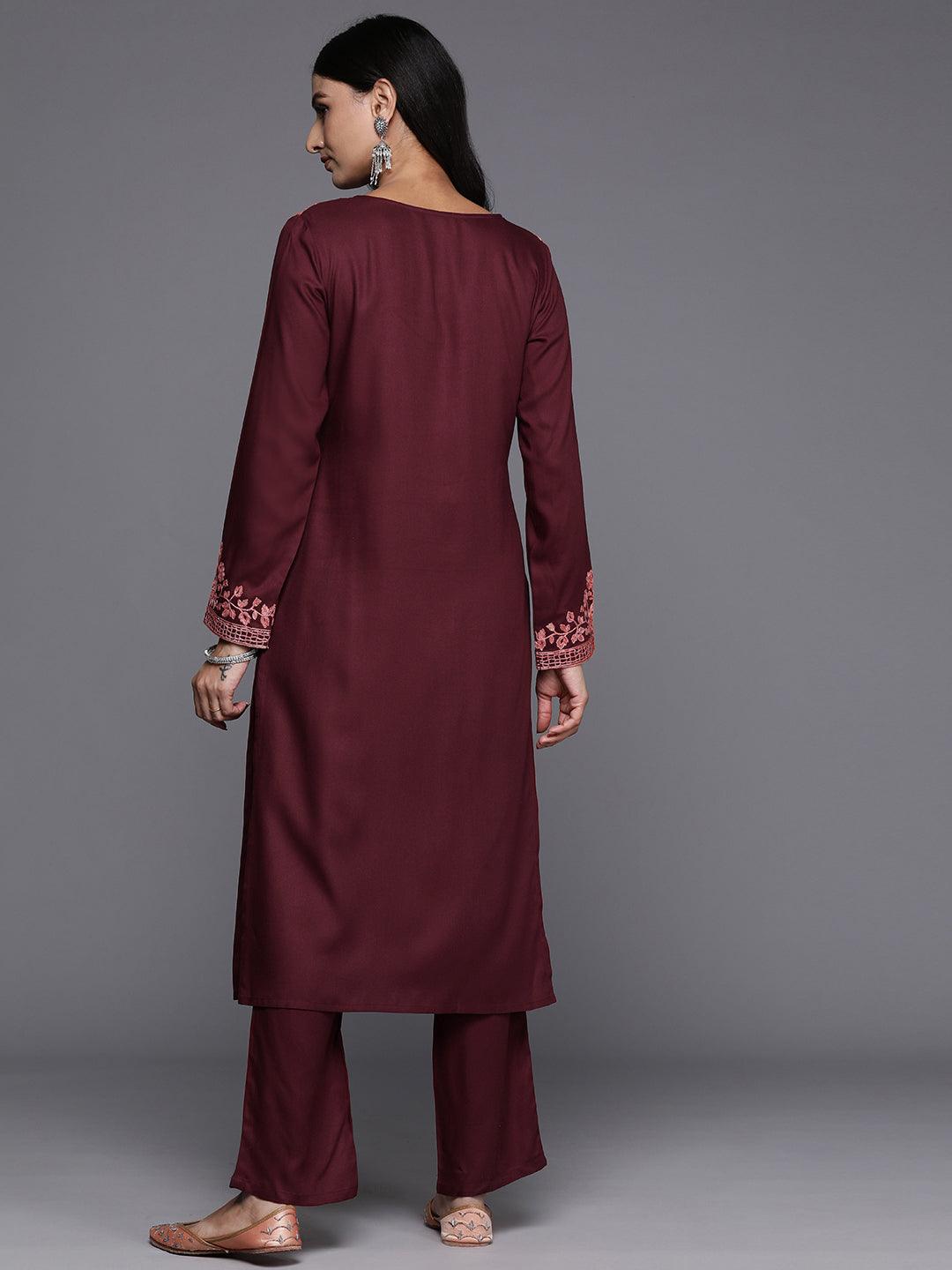 Maroon Yoke Design Wool Blend Straight Kurta With Palazzos - Libas