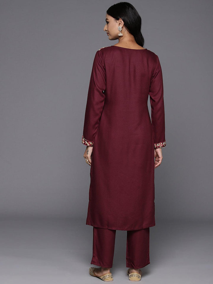 Maroon Yoke Design Wool Blend Straight Kurta With Palazzos - Libas