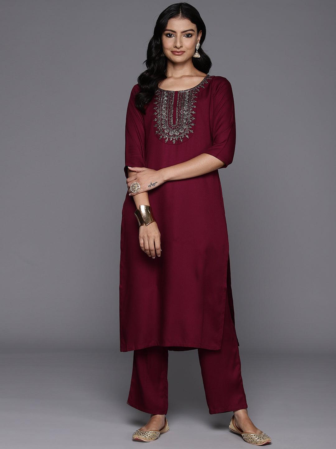 Maroon Yoke Design Wool Blend Straight Kurta With Trousers - Libas