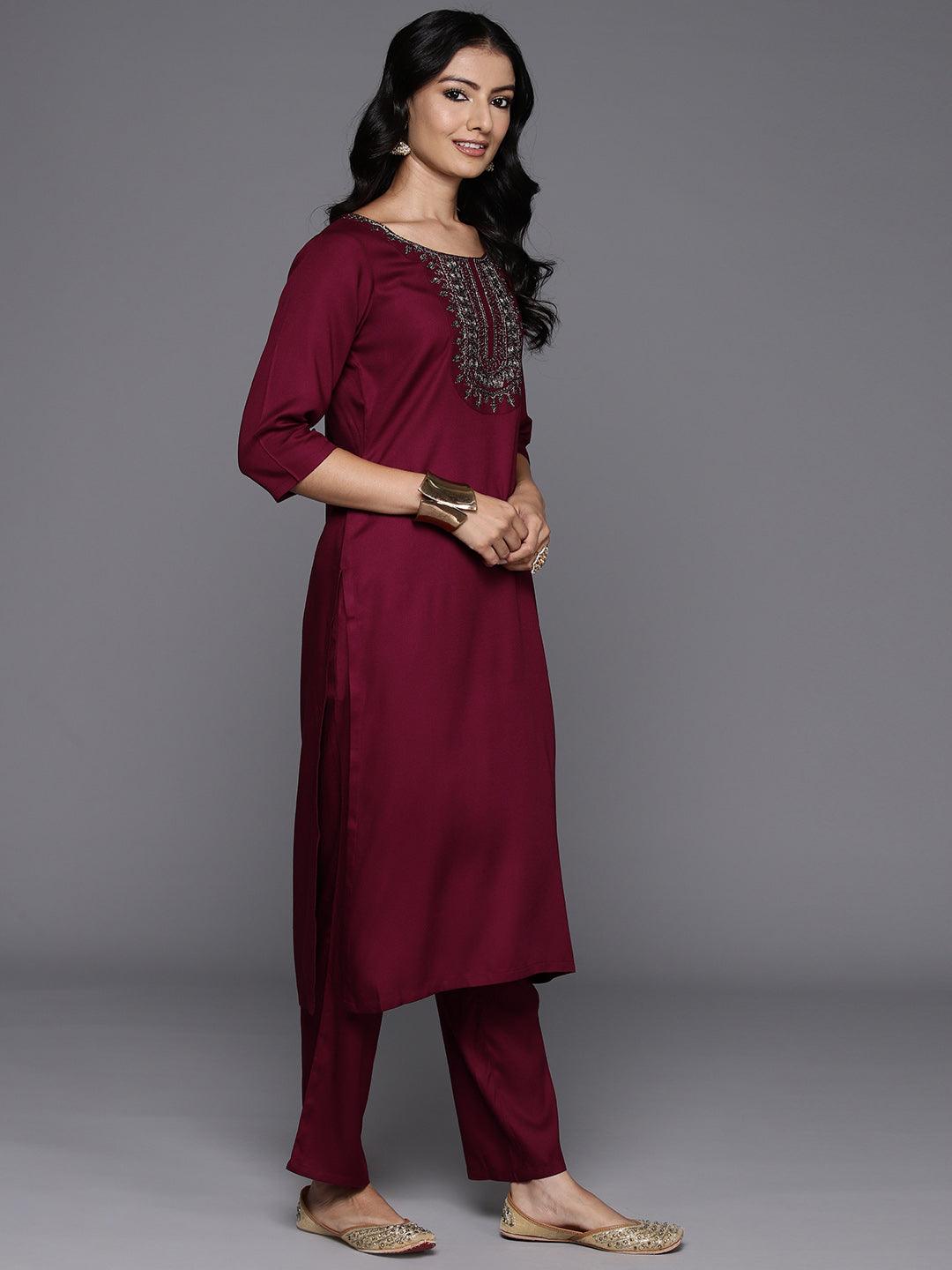 Maroon Yoke Design Wool Blend Straight Kurta With Trousers - Libas 