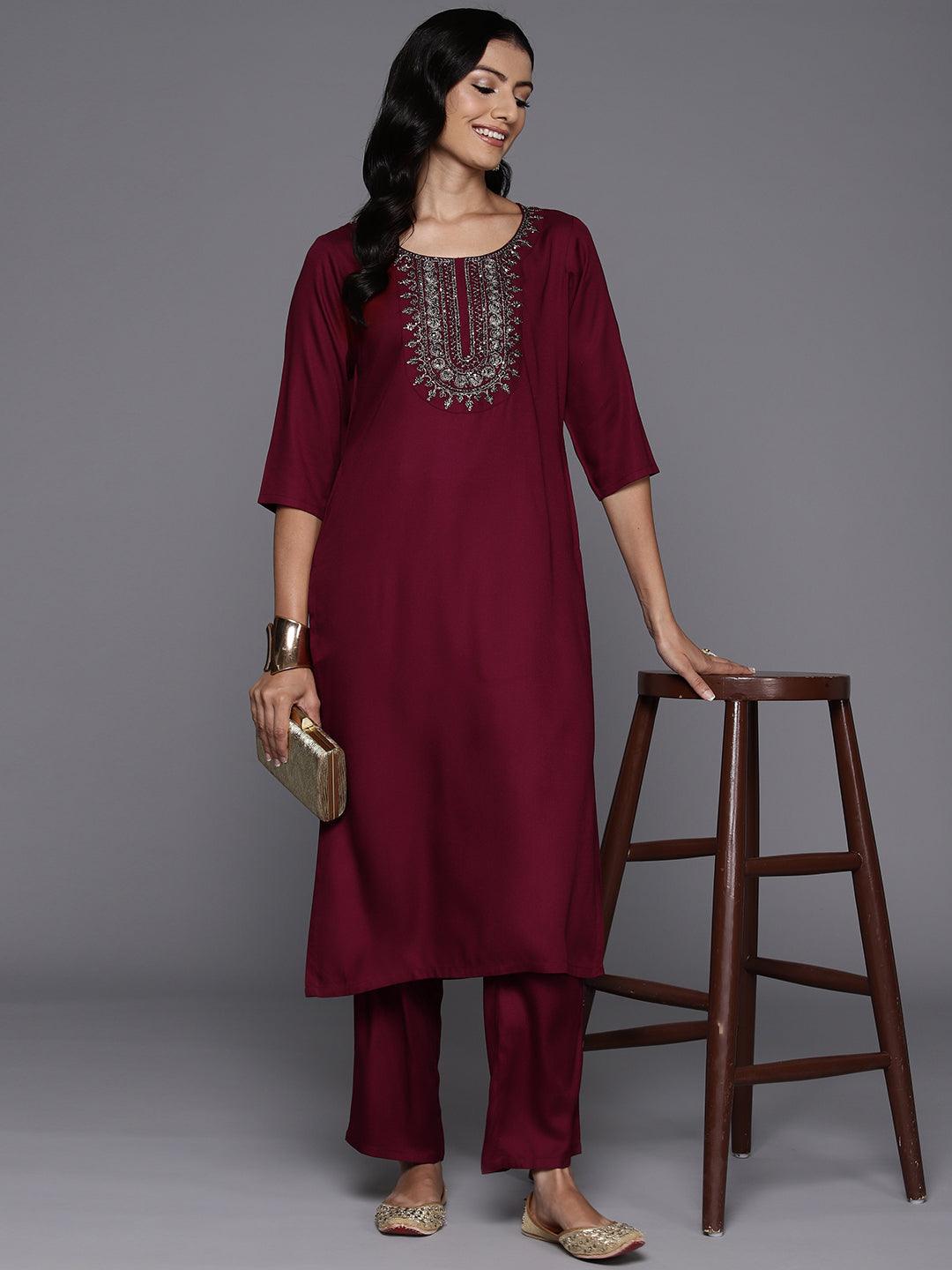 Maroon Yoke Design Wool Blend Straight Kurta With Trousers - Libas 