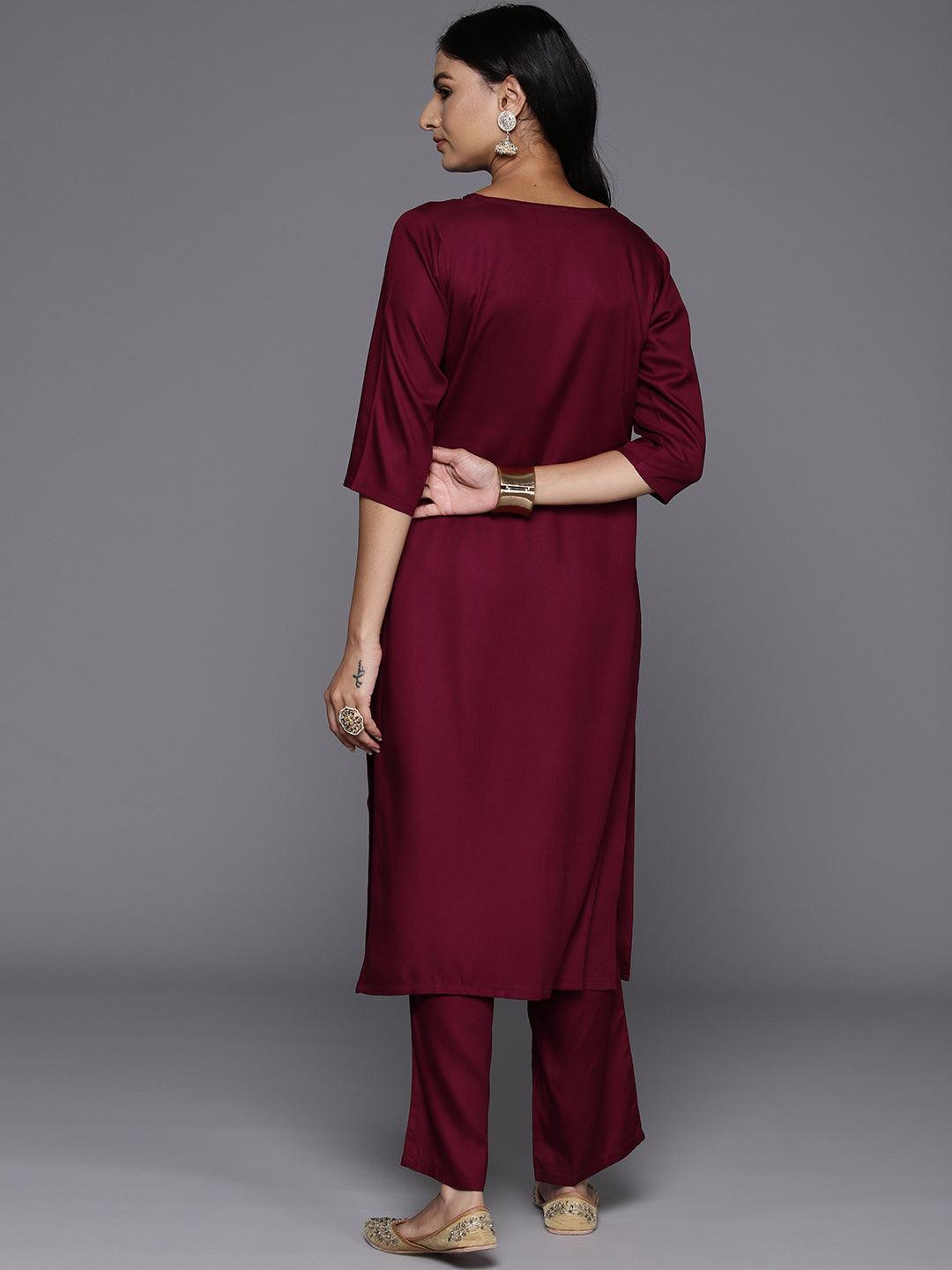 Maroon Yoke Design Wool Blend Straight Kurta With Trousers - Libas 