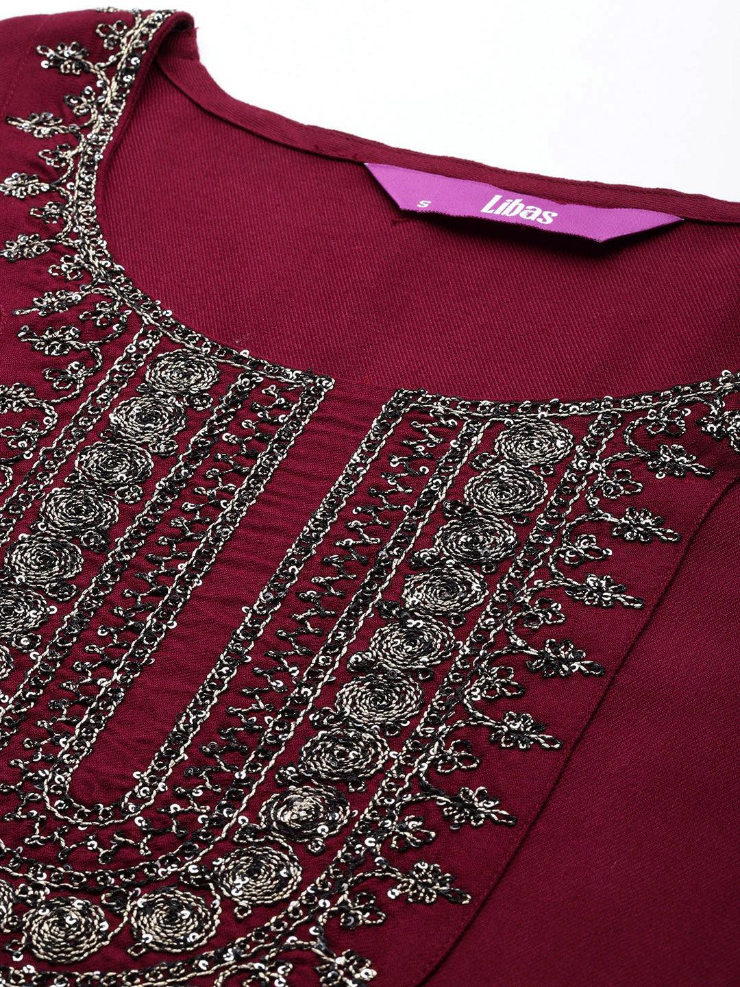 Maroon Yoke Design Wool Blend Straight Kurta With Trousers - Libas 