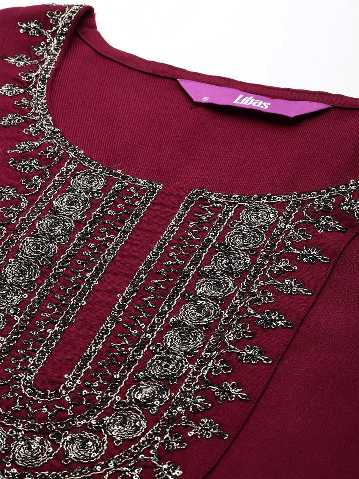 Maroon Yoke Design Wool Blend Straight Kurta With Trousers - Libas