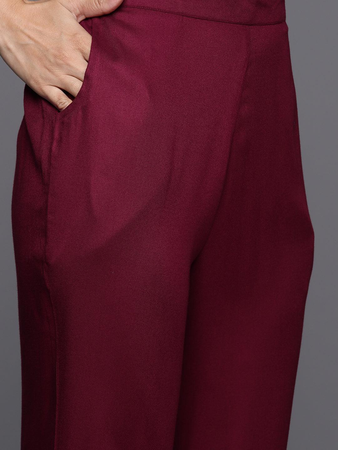 Maroon Yoke Design Wool Blend Straight Kurta With Trousers - Libas 