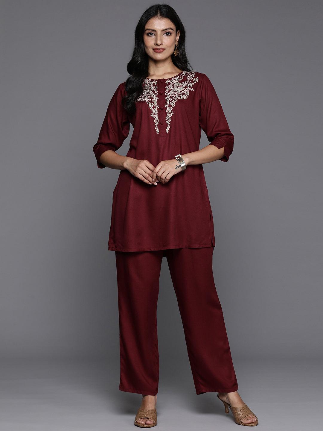 Maroon Yoke Design Wool Blend Tunic With Trousers - Libas