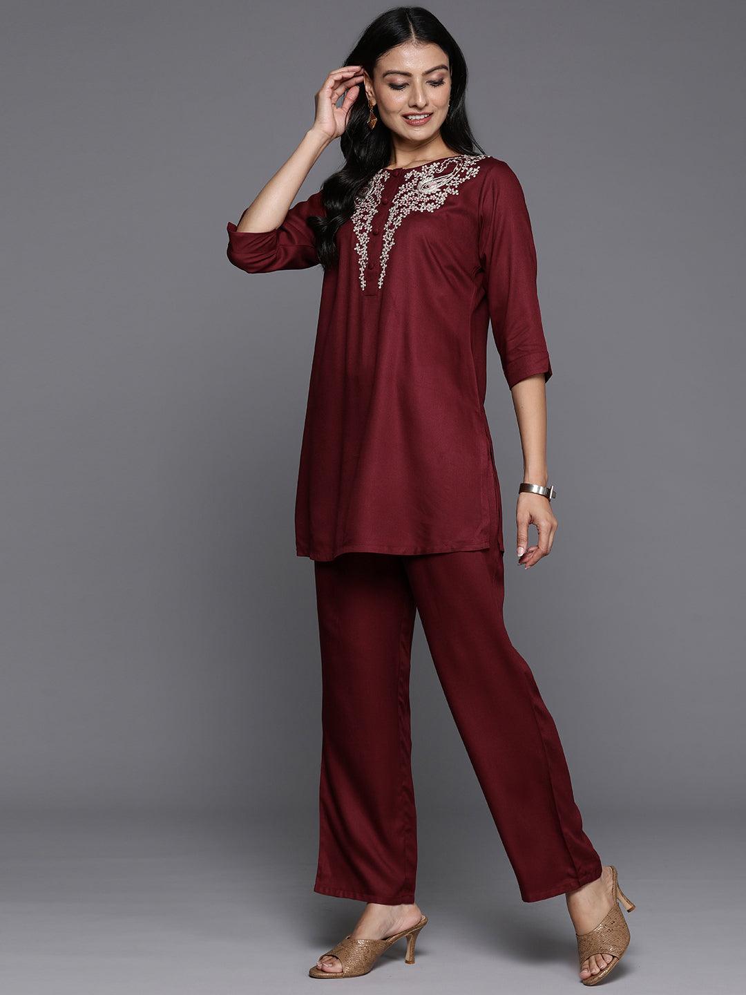 Maroon Yoke Design Wool Blend Tunic With Trousers - Libas 