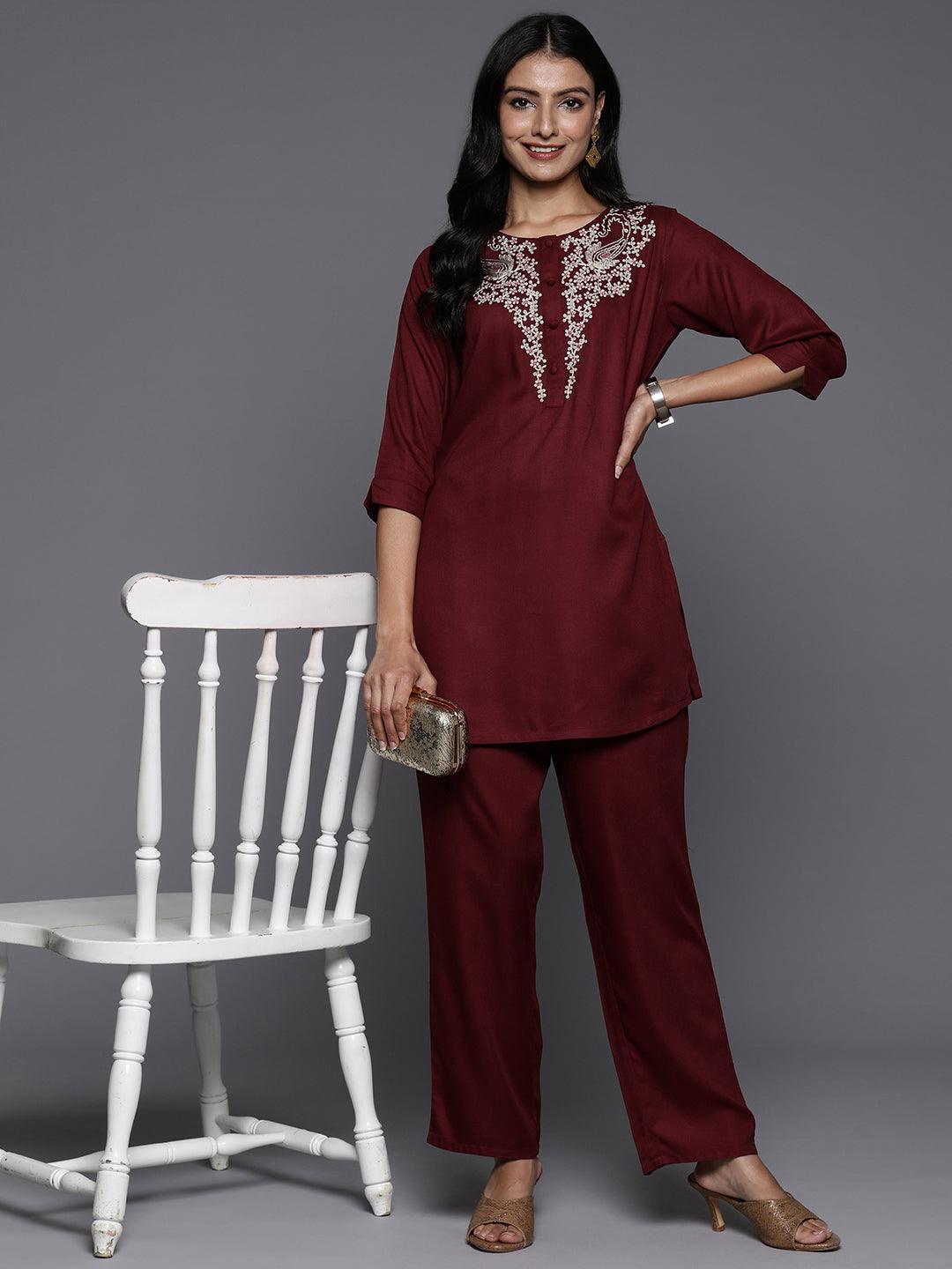 Maroon Yoke Design Wool Blend Tunic With Trousers - Libas