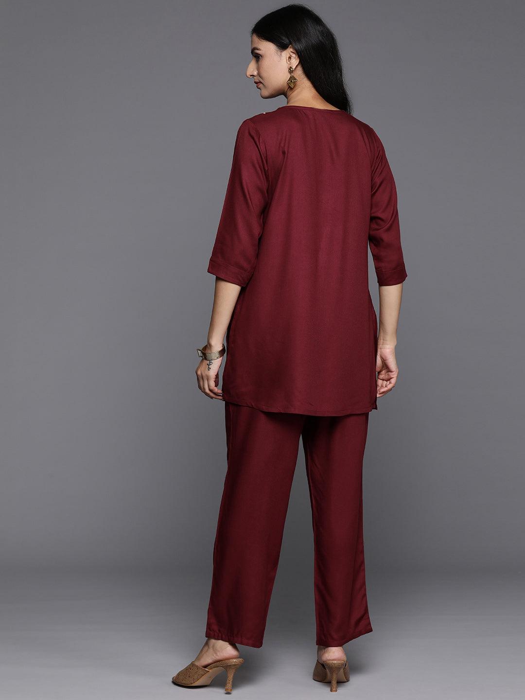 Maroon Yoke Design Wool Blend Tunic With Trousers - Libas 