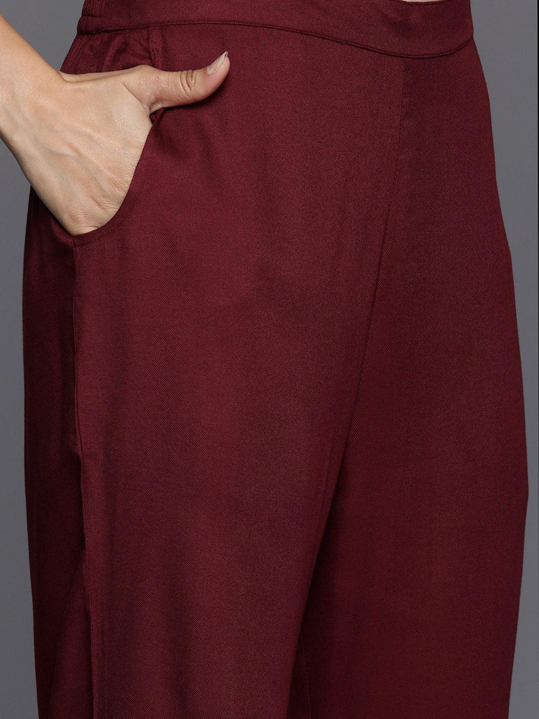 Maroon Yoke Design Wool Blend Tunic With Trousers - Libas 