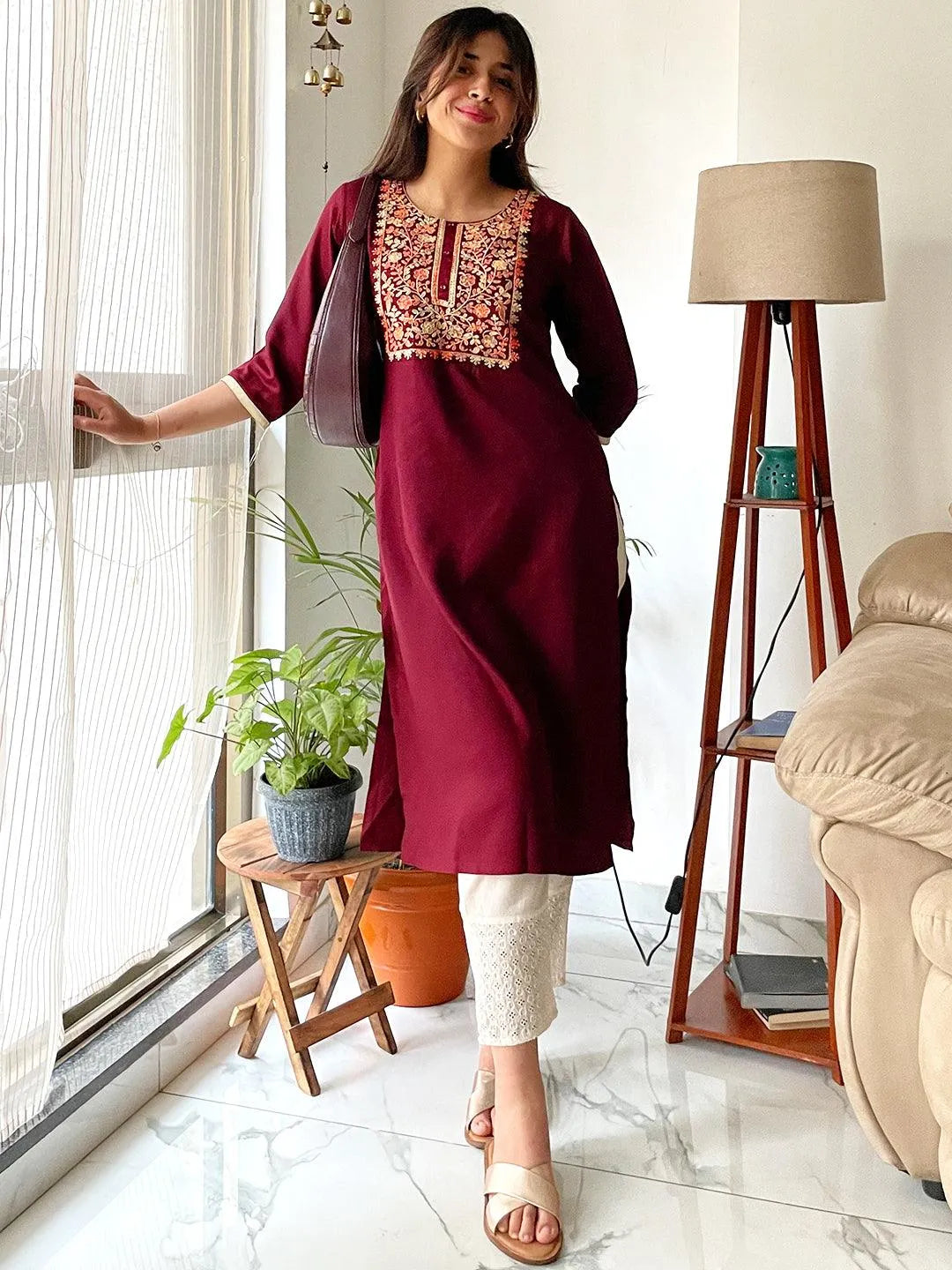 Maroon Yoke Design Wool Straight Kurta - Libas