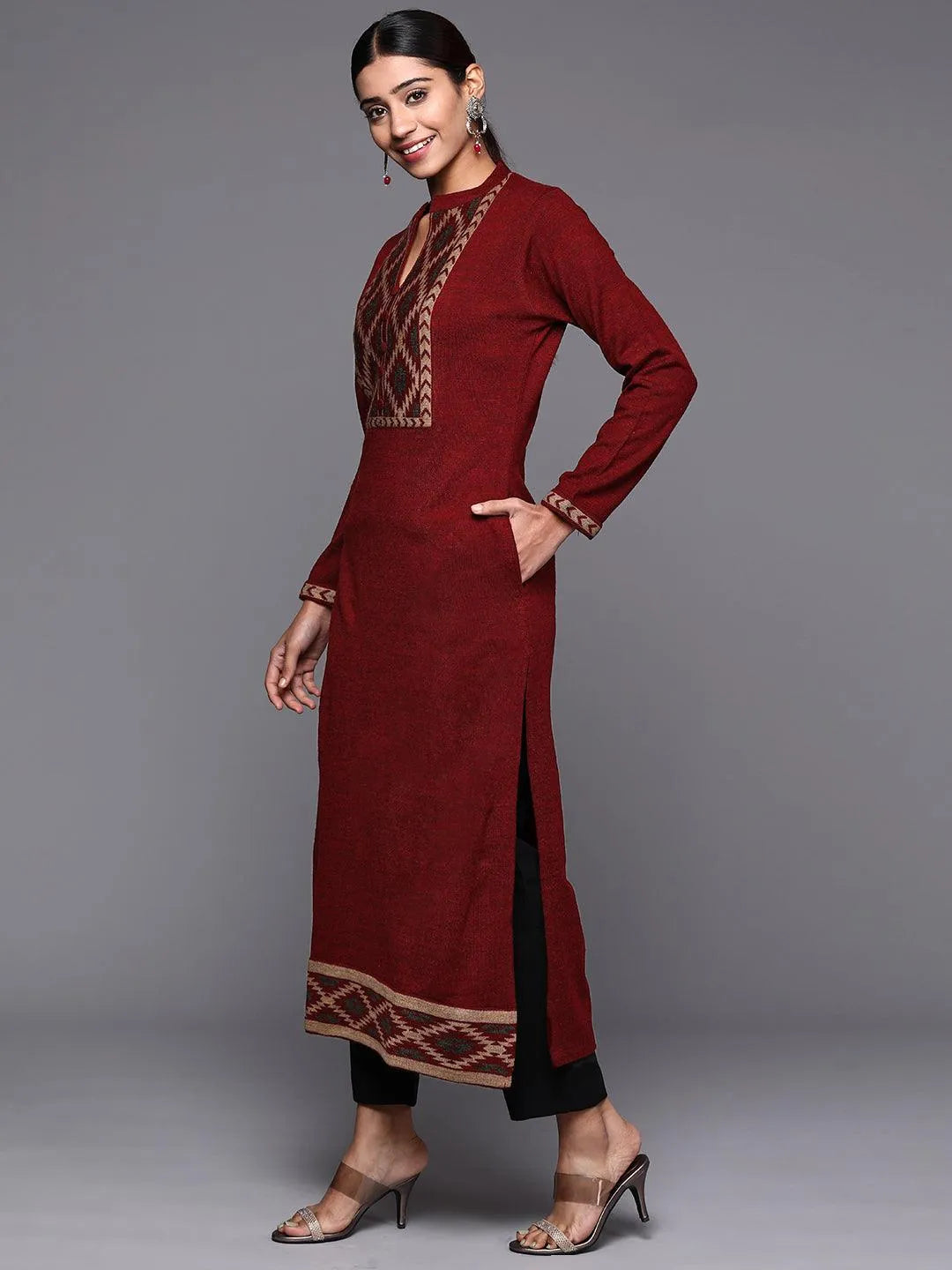 Maroon Yoke Design Wool Straight Kurta - Libas