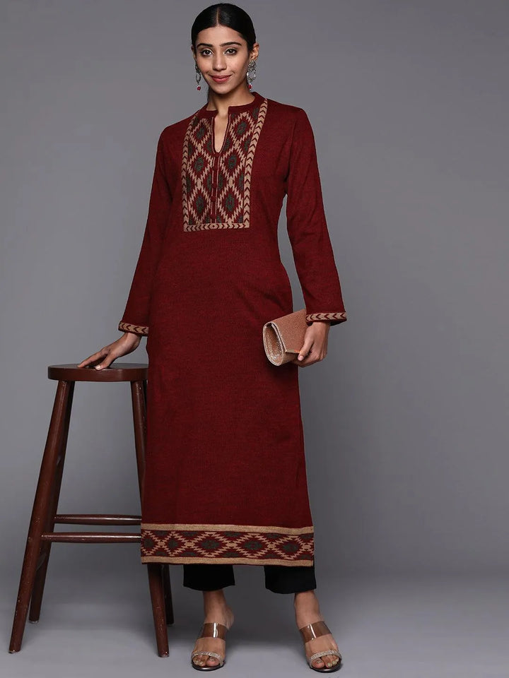 Maroon Yoke Design Wool Straight Kurta - Libas