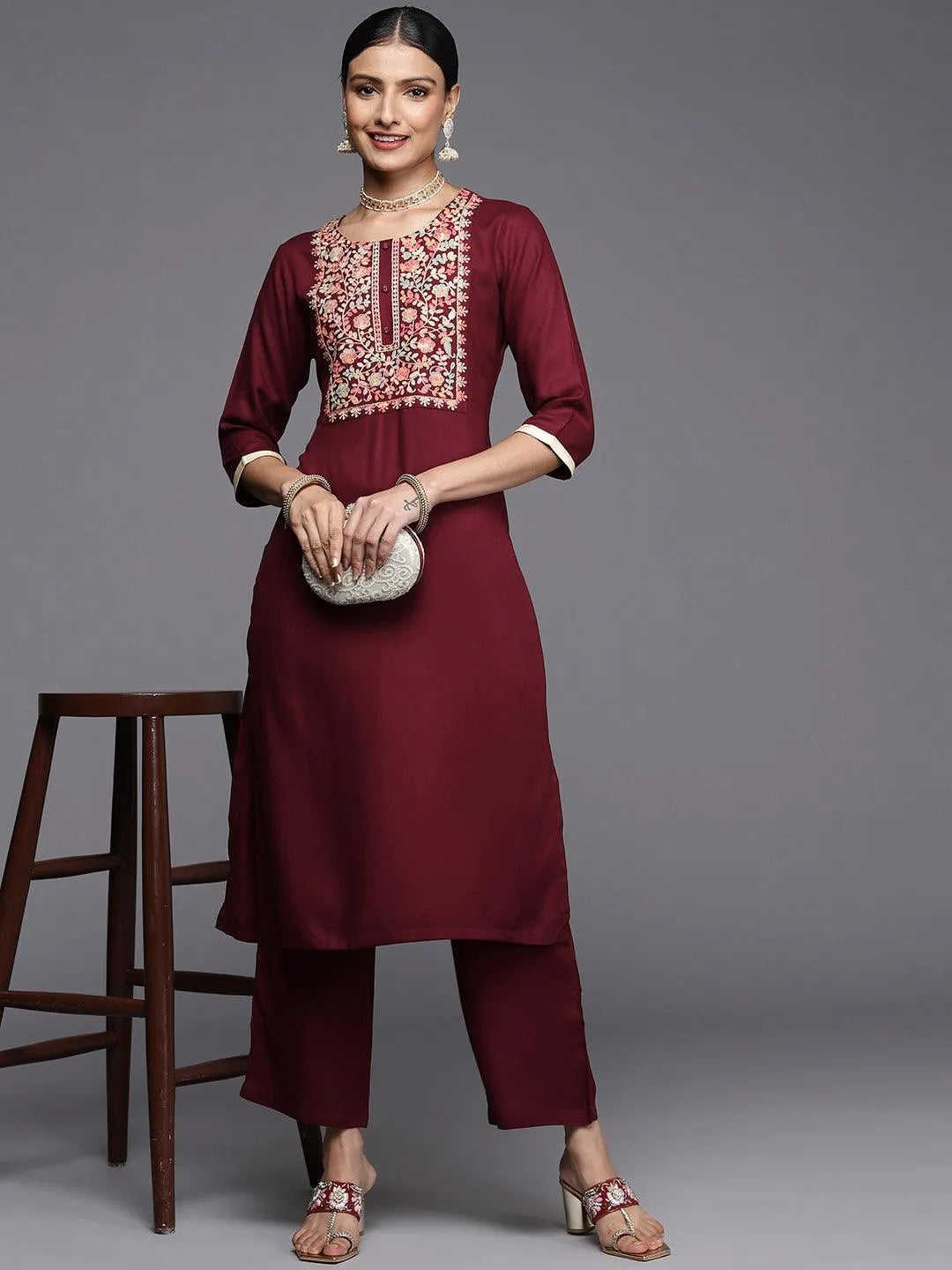 Maroon Yoke Design Wool Straight Kurta - Libas