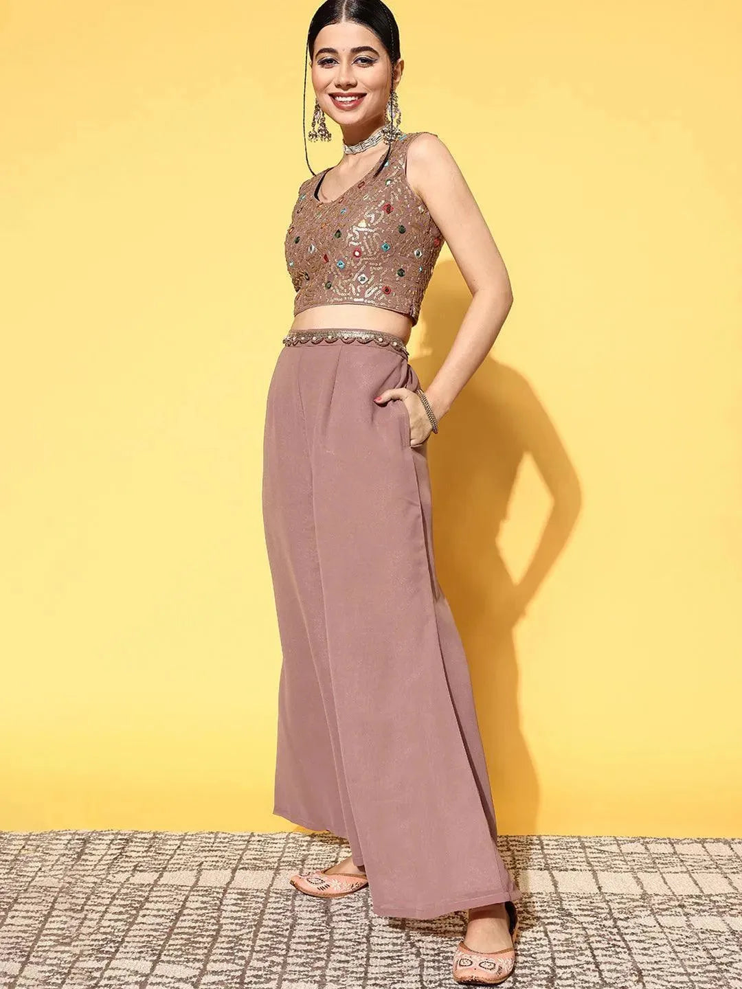 

Mauve Embellished Georgette Top With Palazzos & Shrug