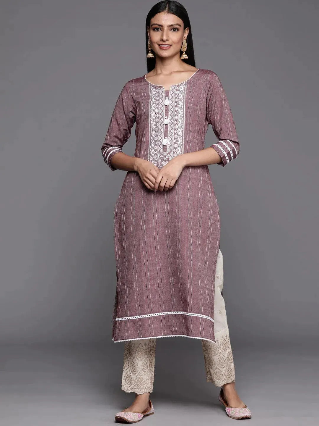 

Mauve Embroidered Cotton Straight Kurta